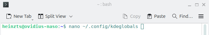 Opening the KDE configuration file for editing in nano