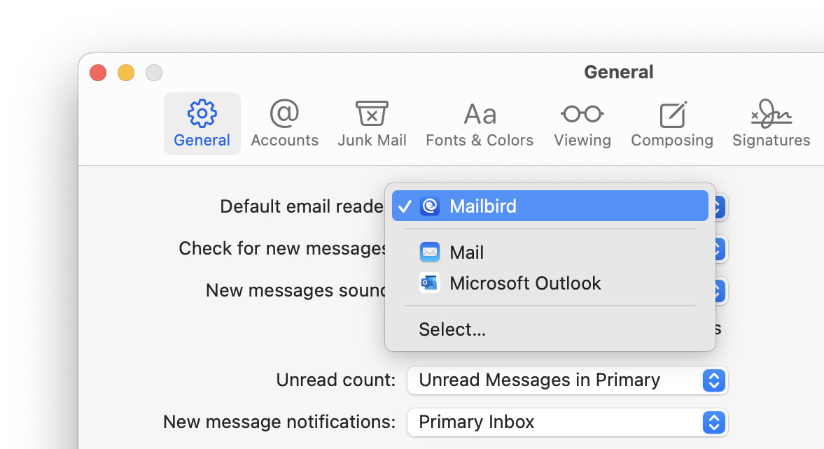 Set Mailbird as the default email program on a Mac