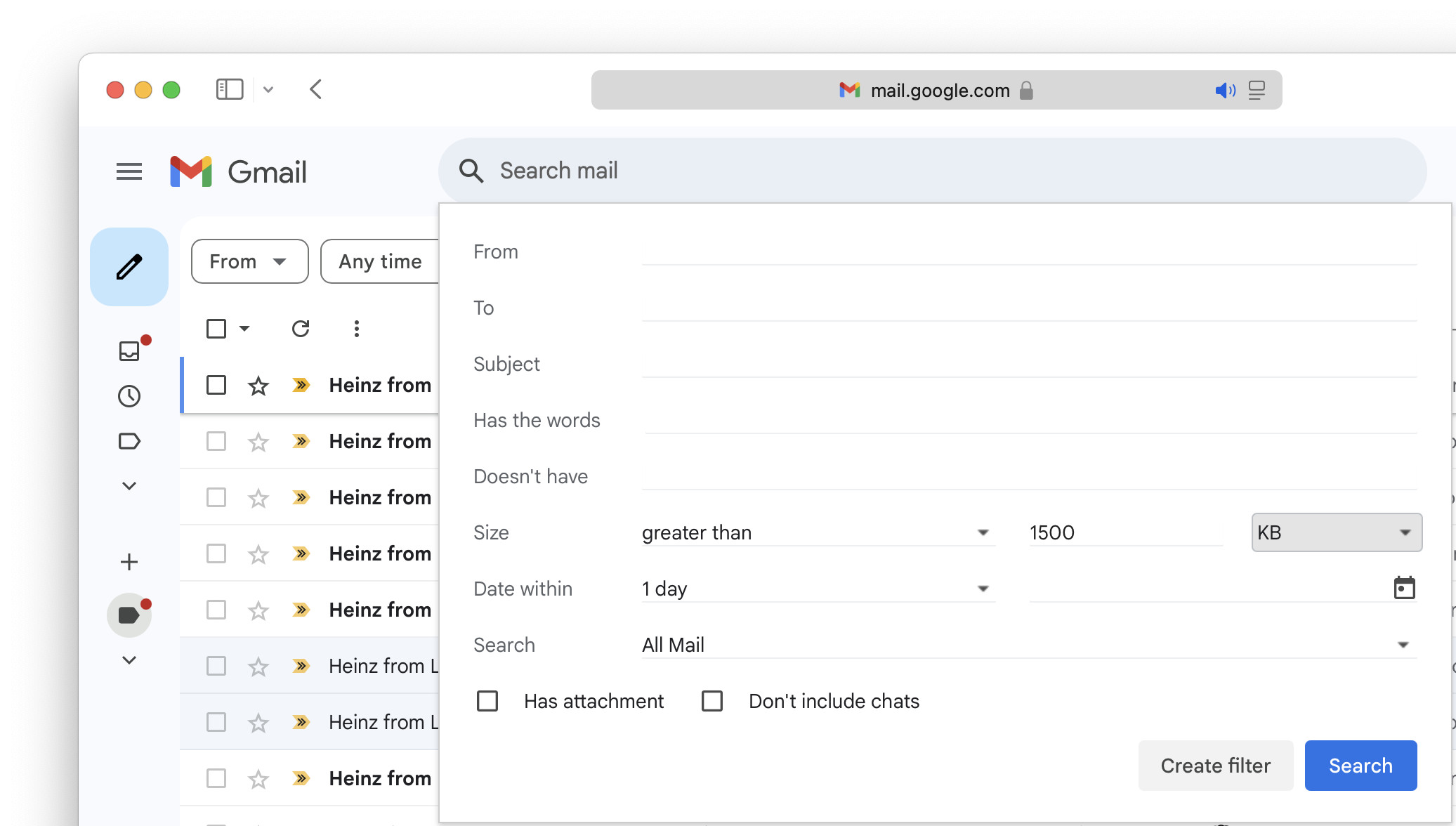Setting up a filter for large emails in Gmail