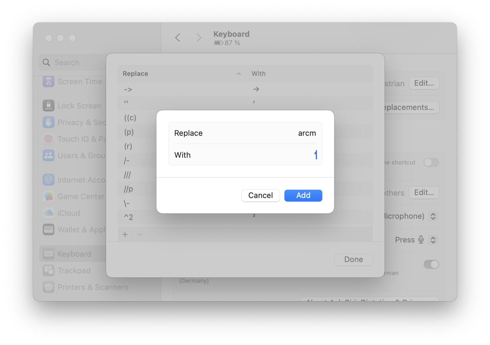 Setting up a text replacement to insert the symbol for arc minutes on a Mac