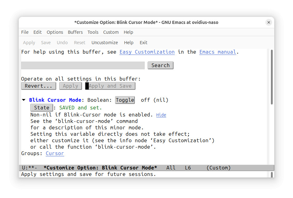 Apply and save the change to “Blink Cursor Mode” after toggling the Emacs variable to “off”