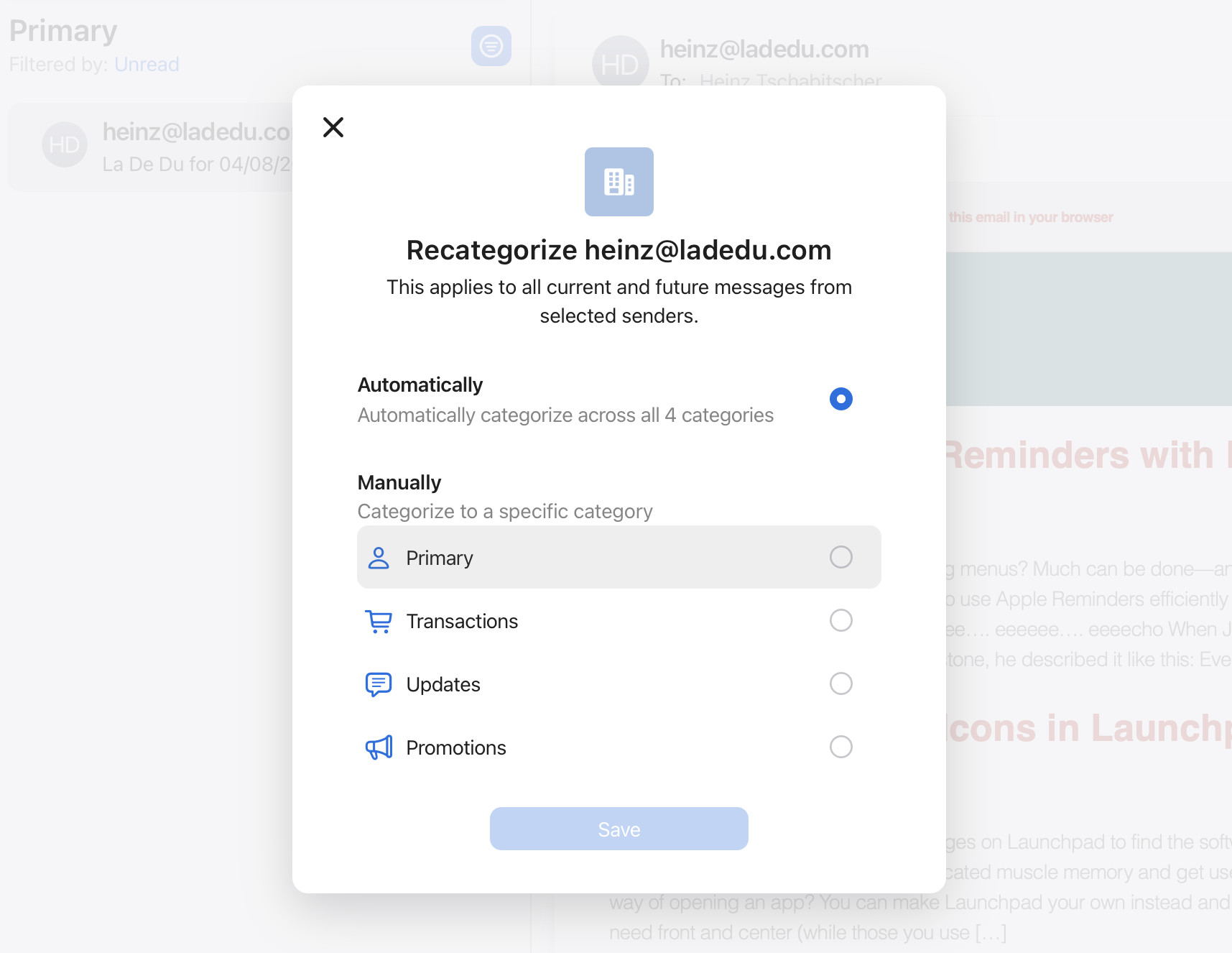 Choose a category and click “Save” to classify a sender’s emails in iCloud Mail