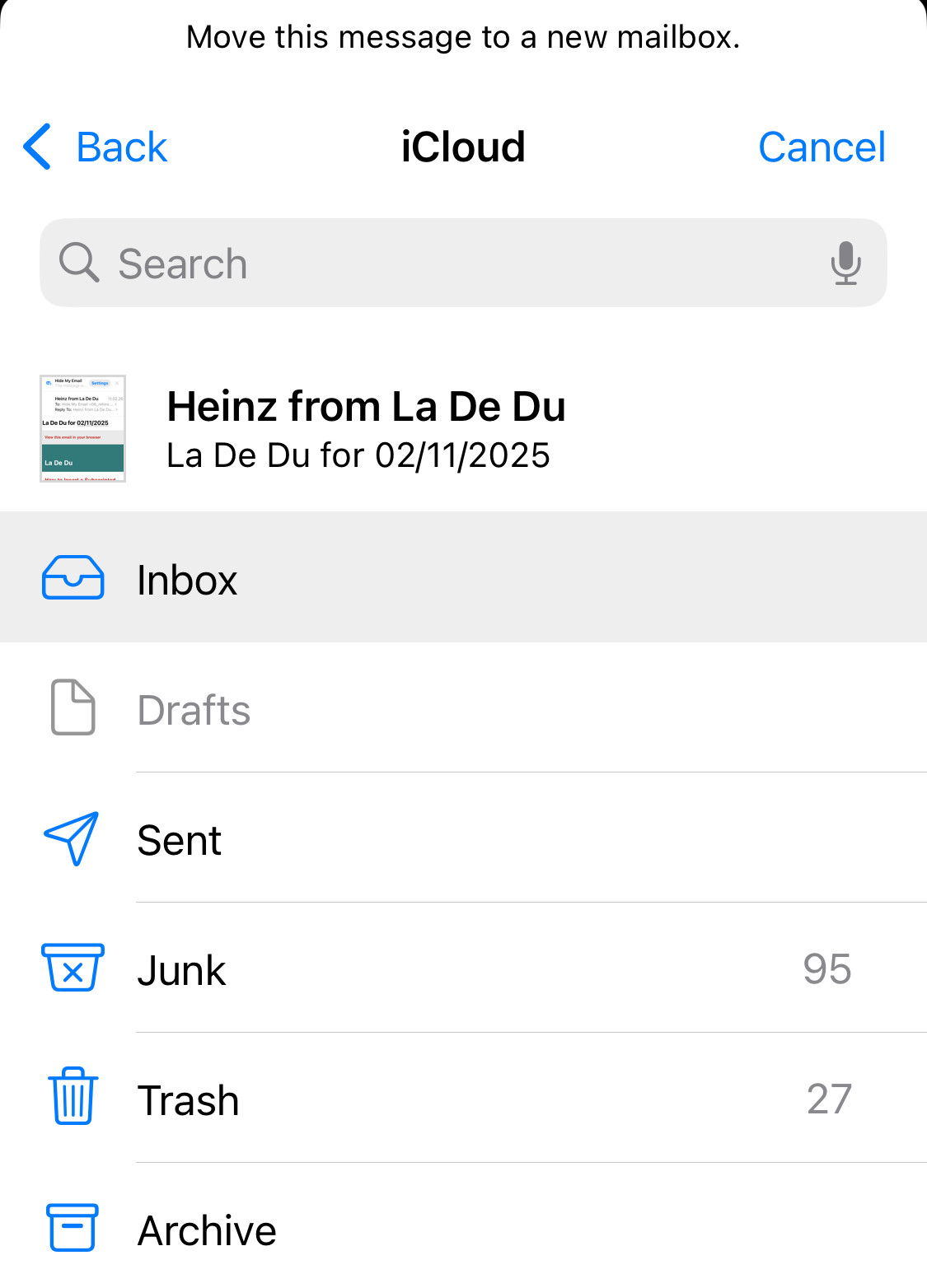 Choose the destination folder for moving an email in iPhone mail