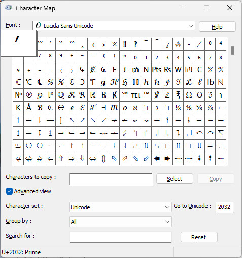 Copying the foot mark (prime sign) in Windows Character Map