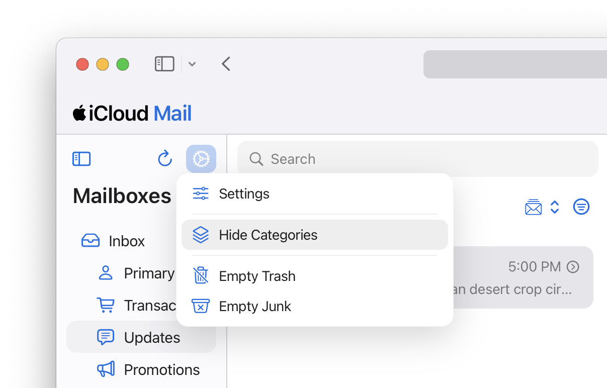 Hiding inbox categories in iCloud Mail at iCloud.com