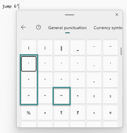 Inserthing the foot and inch marks (prime signs) using the Windows emoji pane