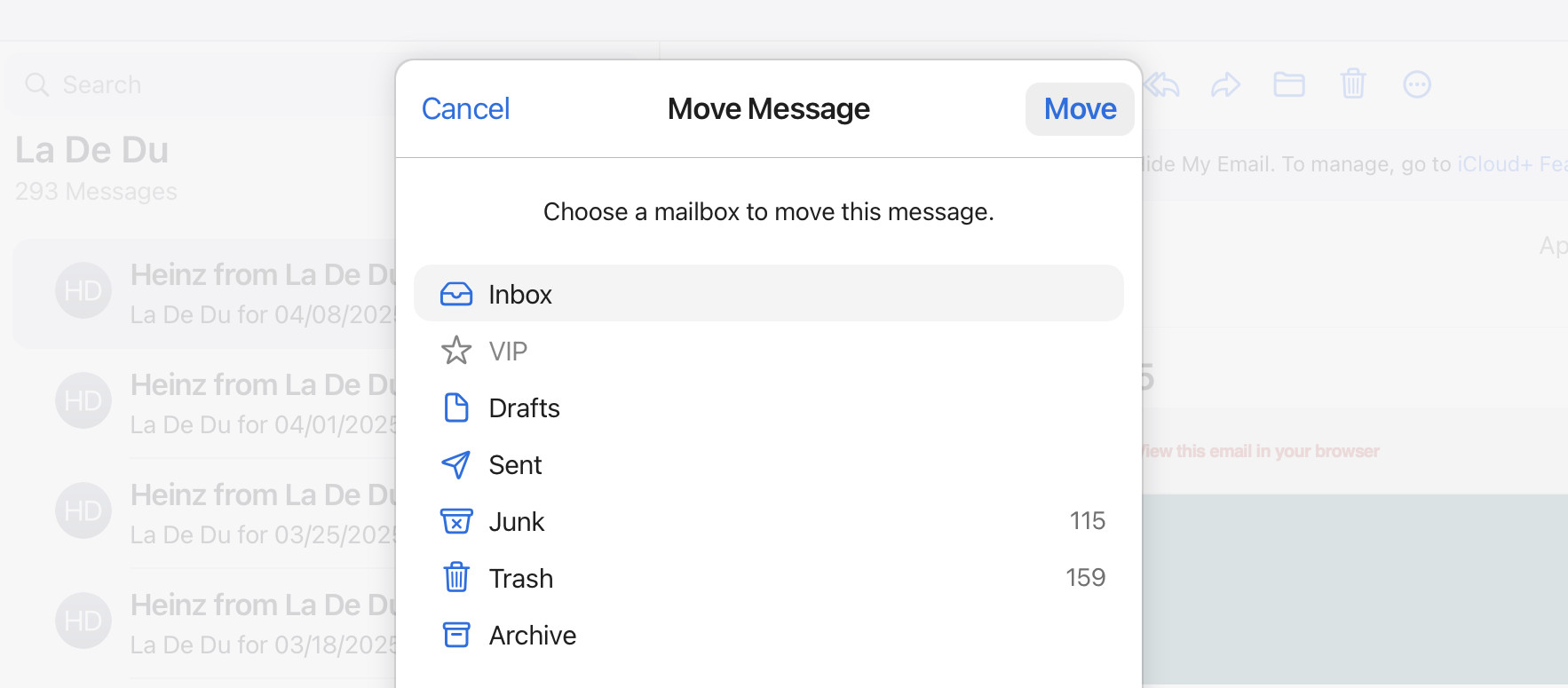 Move an email to the iCloud Mail Inbox so you can classify its sender for inbox categories