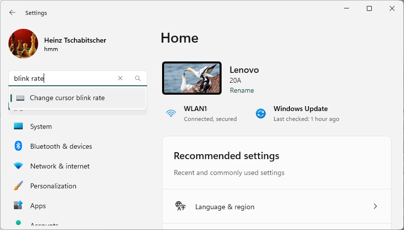 Select “Change cursor blink rate” to access keyboard properties in Windows
