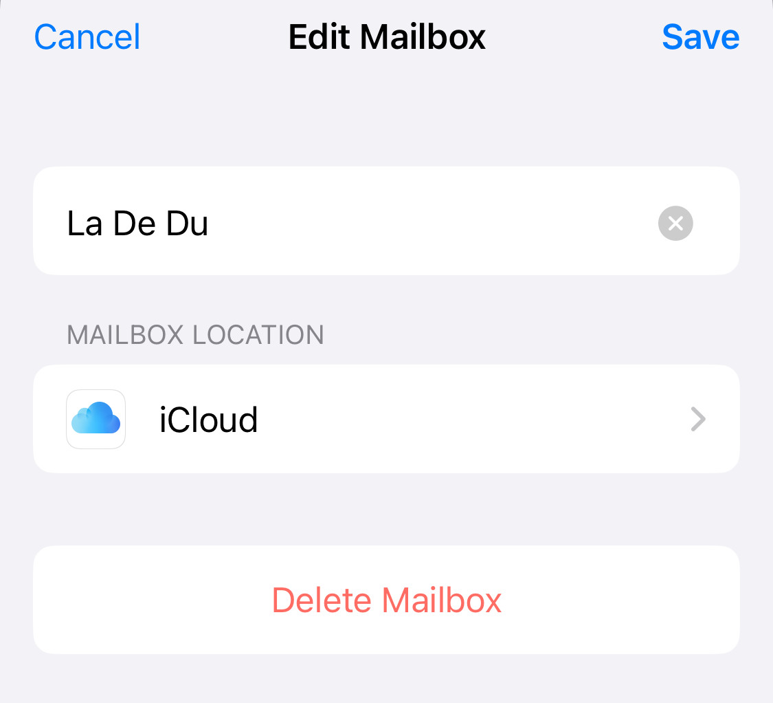 Select “Delete Mailbox” to remove a custom email folder in iPhone Mail