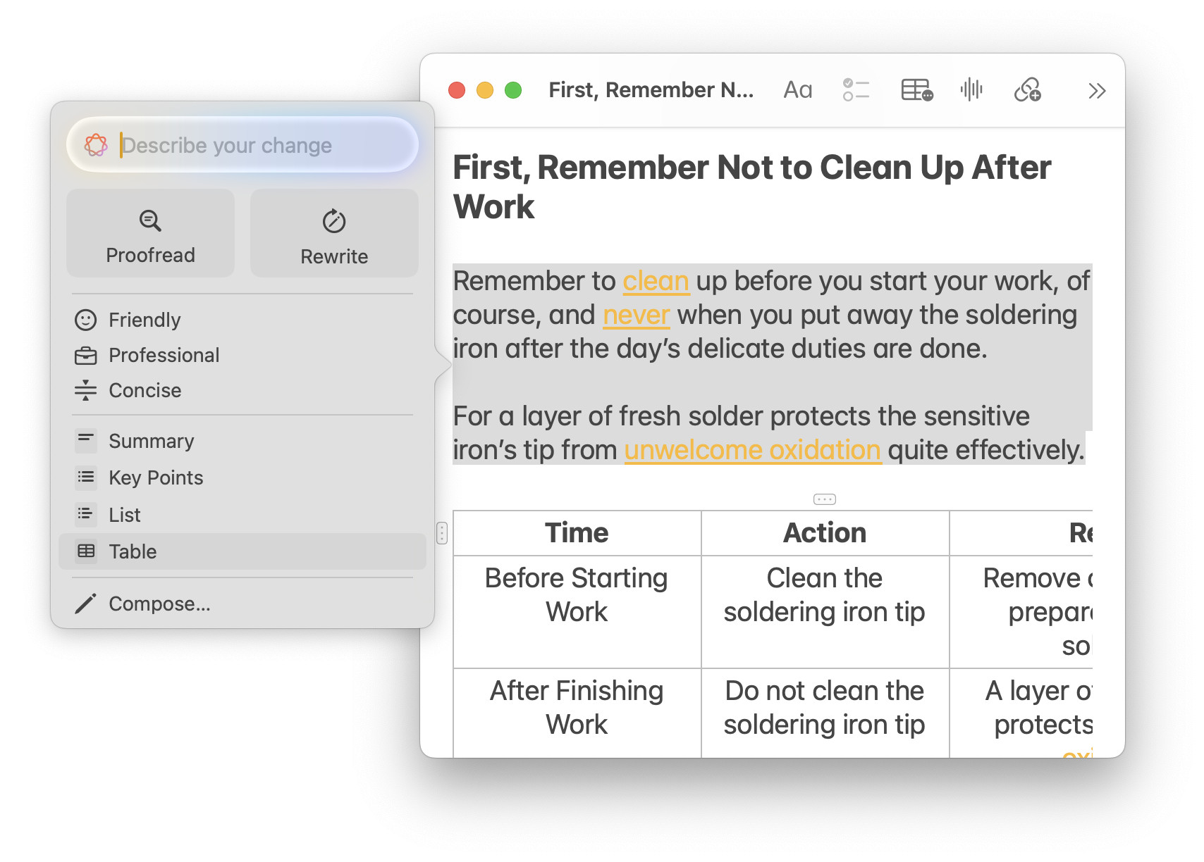 Select “Table” in Mac writing tools to extract information from text and present it in tabular form