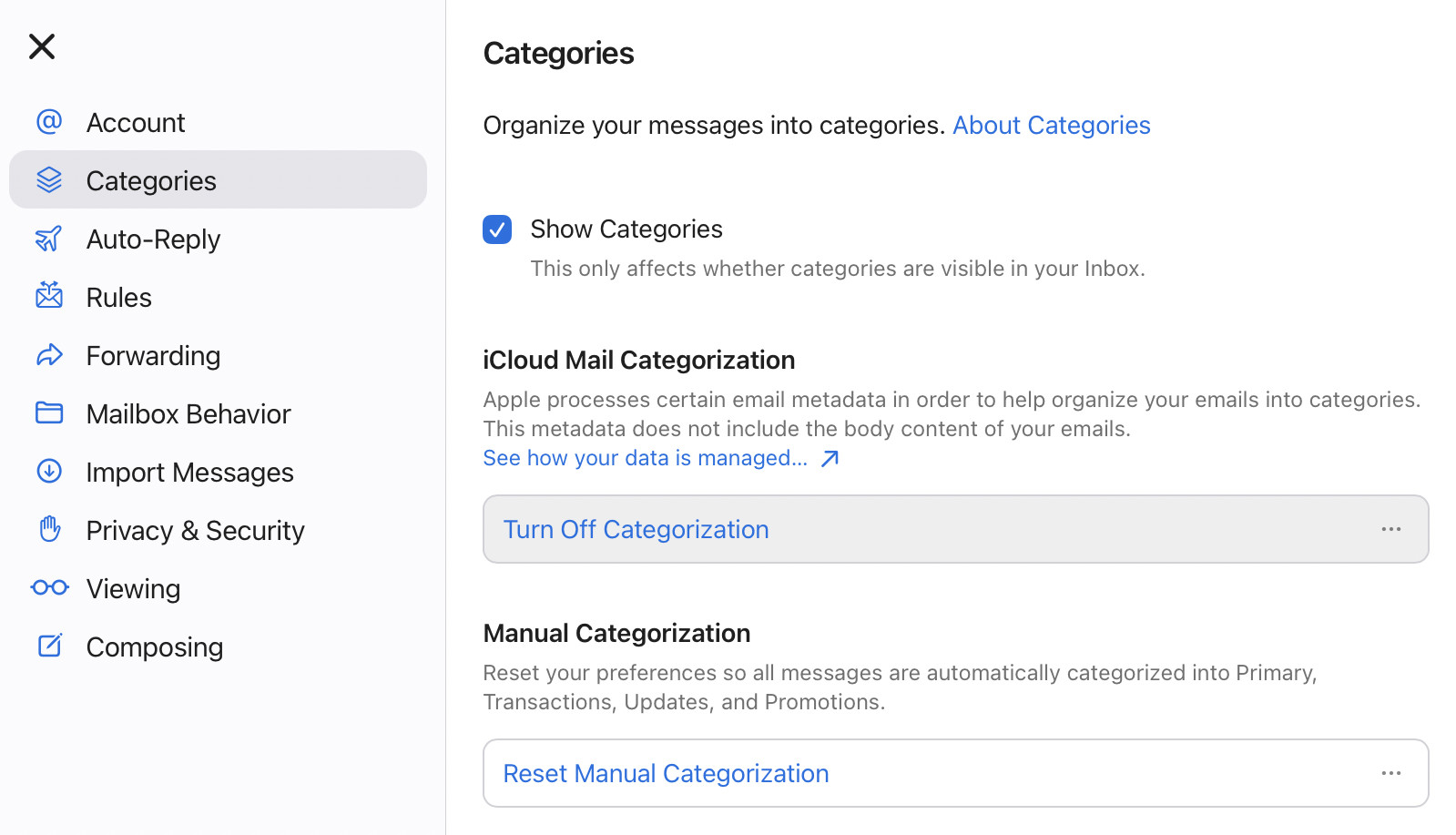 Select “Turn Off Categorization” in iCloud Mail settings