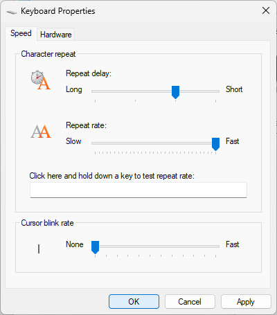 Set “Cursor blink rate” to “None” to turn off cursor blinking in Windows