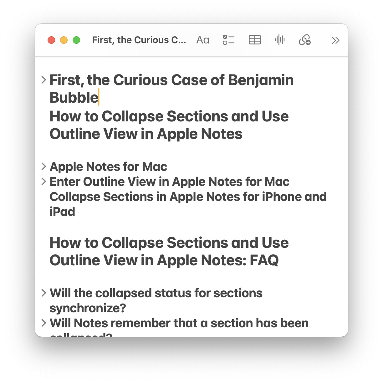 A note outline in Apple Notes for Mac
