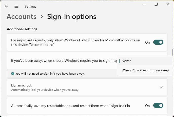 Choose “Never” to set up your own Windows 11 log-in timeout using a screensaver