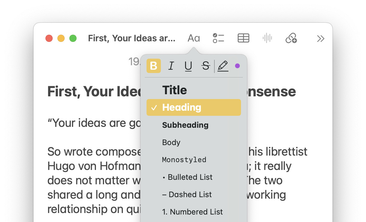 Choose the formatting and text hierarchy level to structure text in Apple Notes for Mac