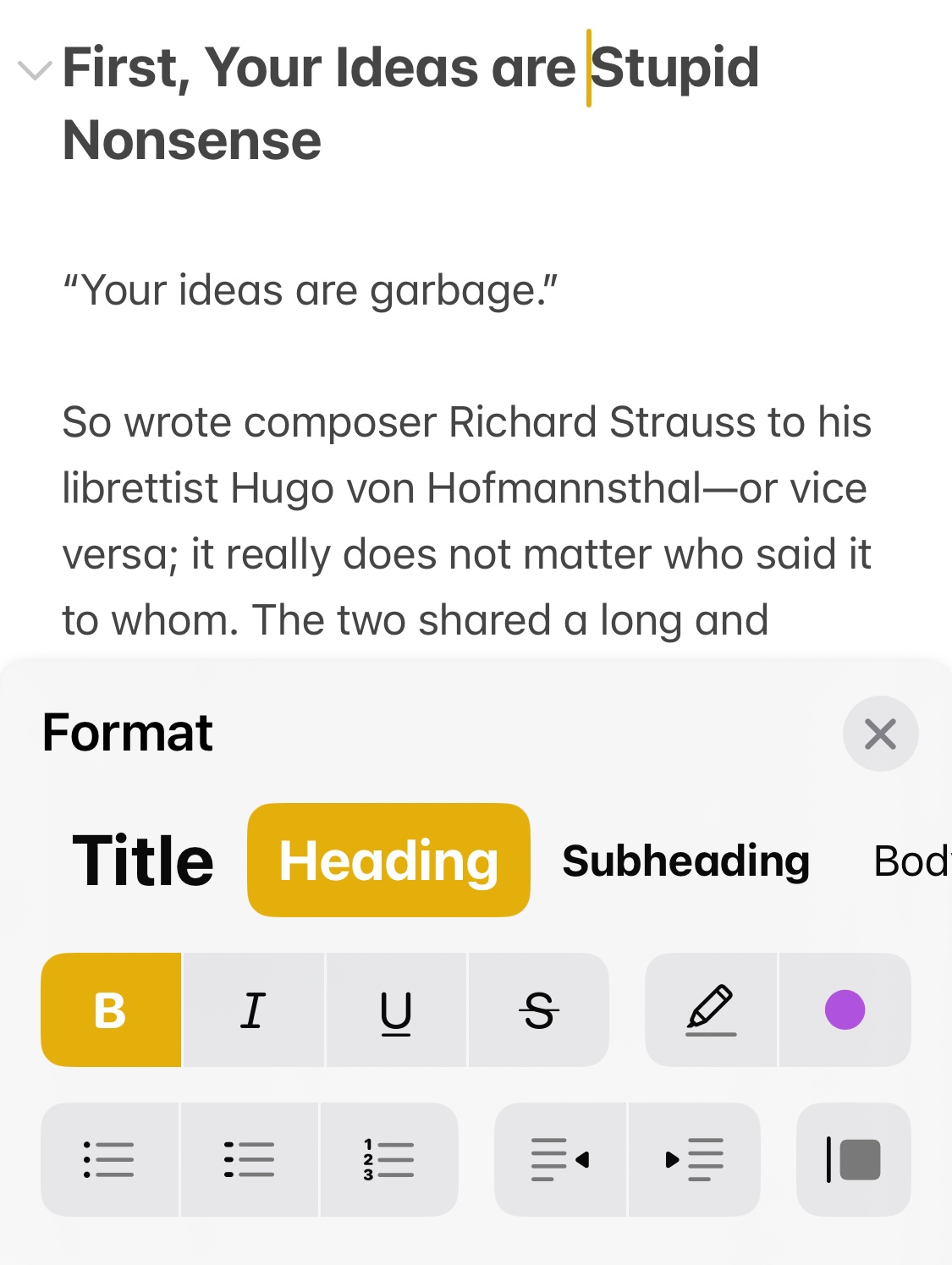 Choose the text hierarchy (title, heading, subheading or body) from the formatting menu in Apple Notes for iPhone