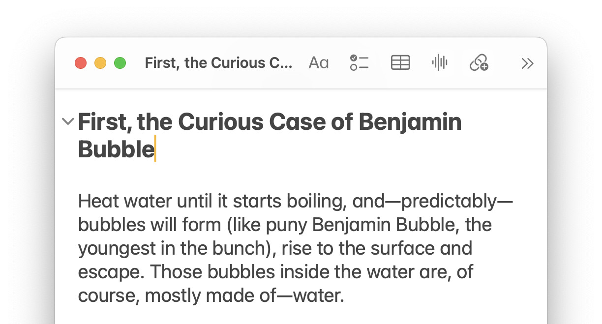 Click the downward-pointing arrowhead to collapse a section in Apple Notes for Mac