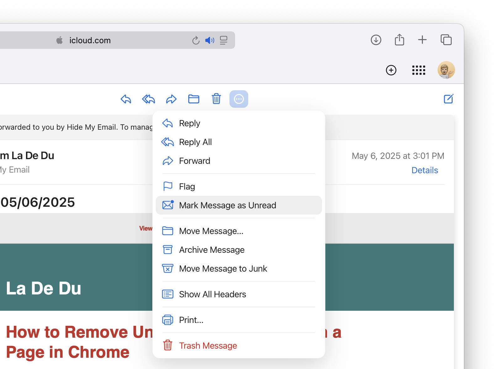 Select “Mark Message as Unread” from the menu to mark unseen in iCloud Mail at iCloud.com