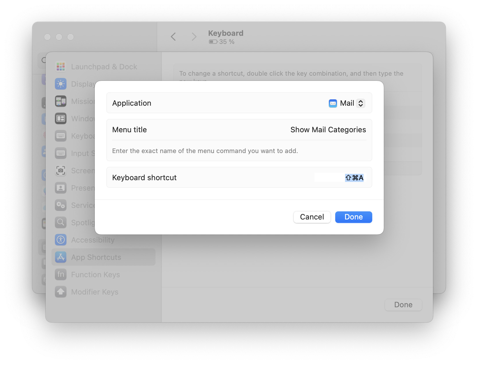 Setting up a keyboard shortcut to toggle inbox categories in Apple Mail for Mac