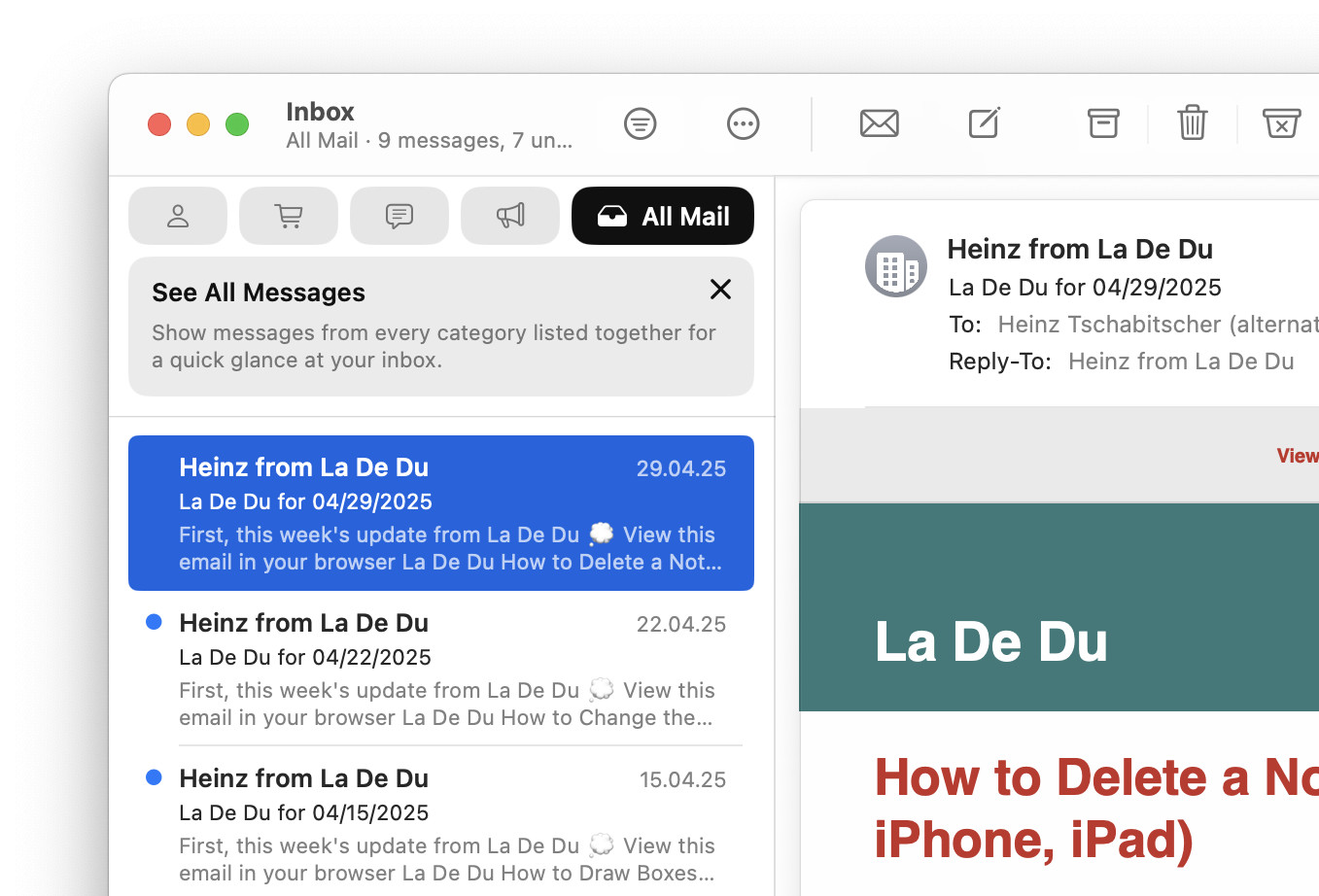 Swipe over the inbox categories to the left to reveal “All Mail”