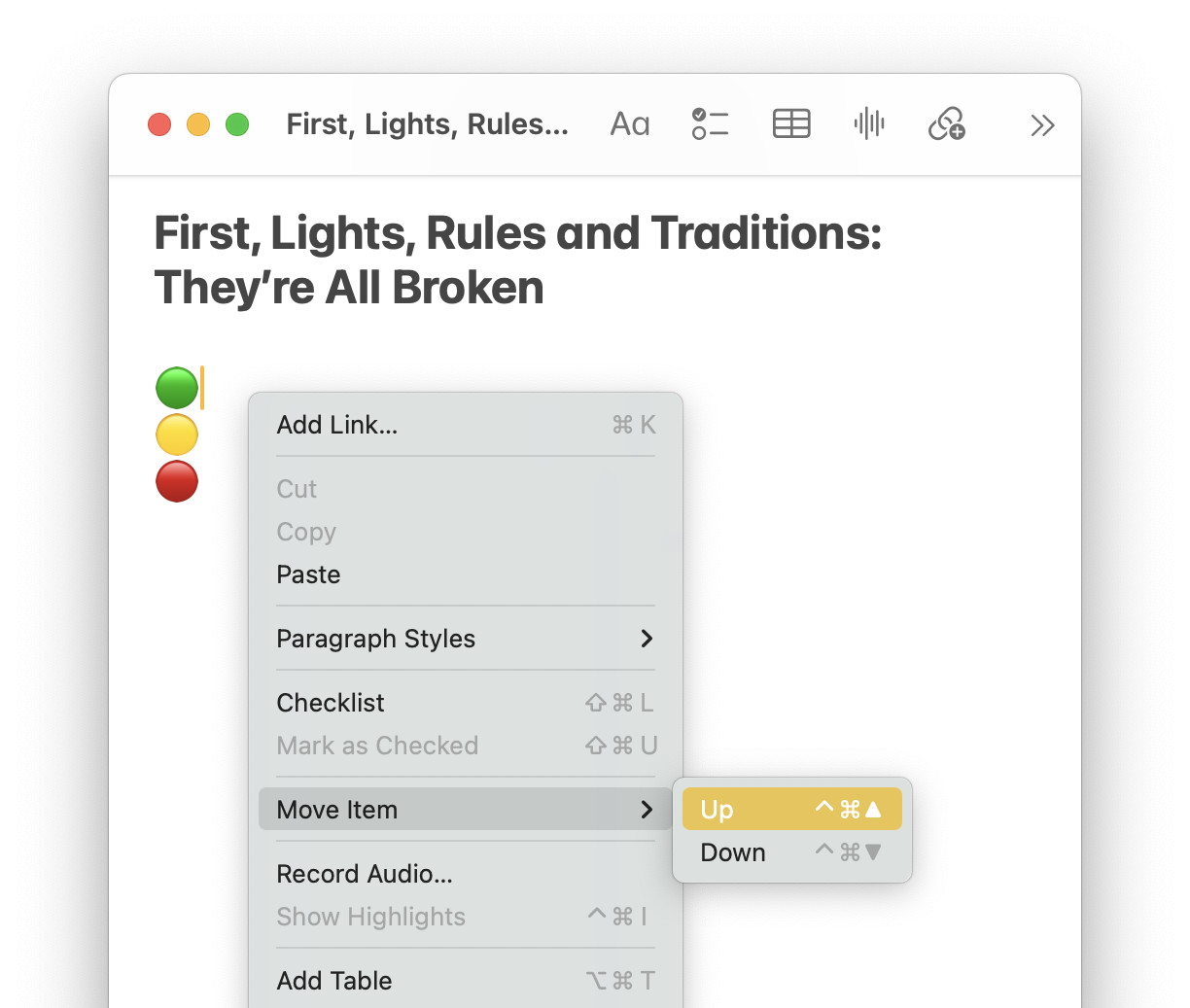 You can use the context menu to move lines and sections in Apple Notes for Mac