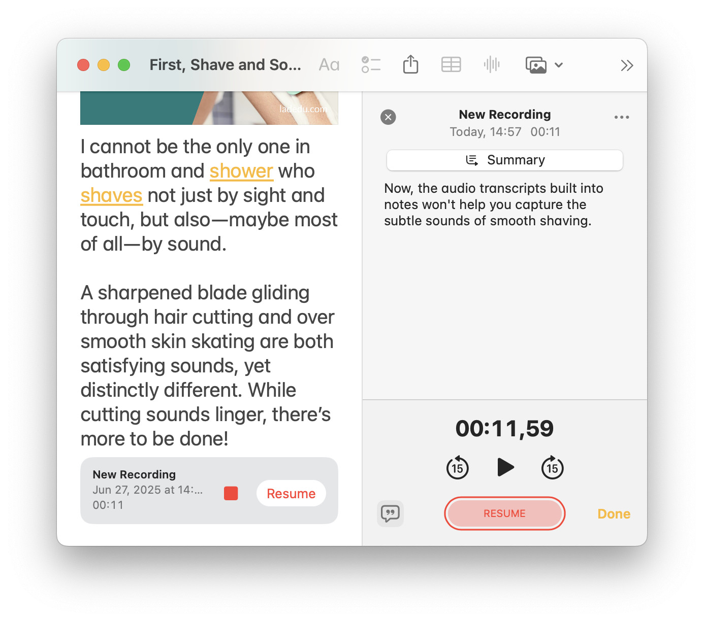 A newly added audio recording in Apple Notes for Mac