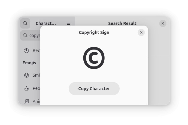 Copying the copyright sign in the Gnome Linux Characters application