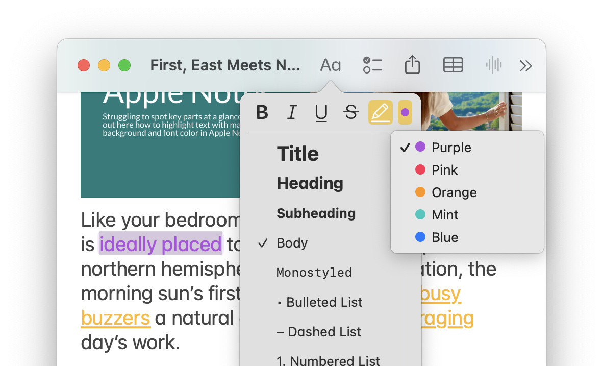 Highlighting text with a background color in Apple Notes for Mac