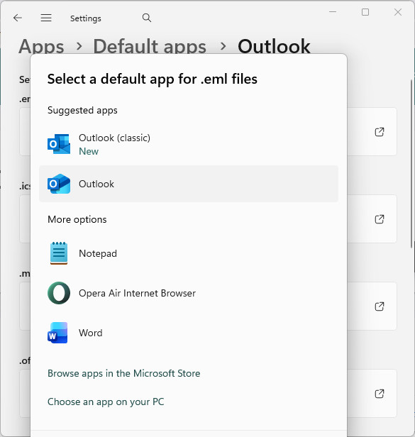 Making Outlook the default app for .eml files