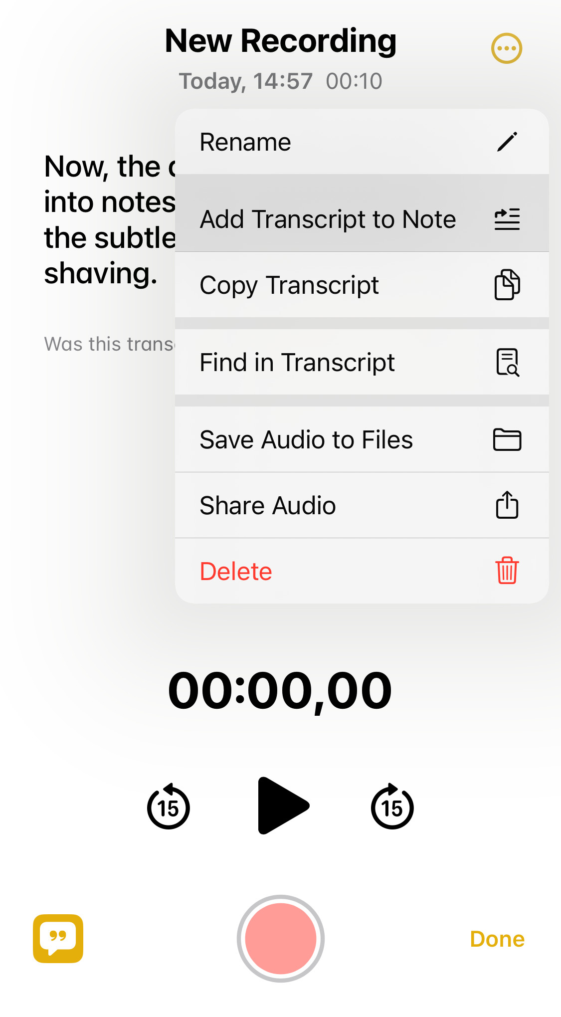 Select “Add Transcript to Note” to save the transcript as text to its note in Apple Notes