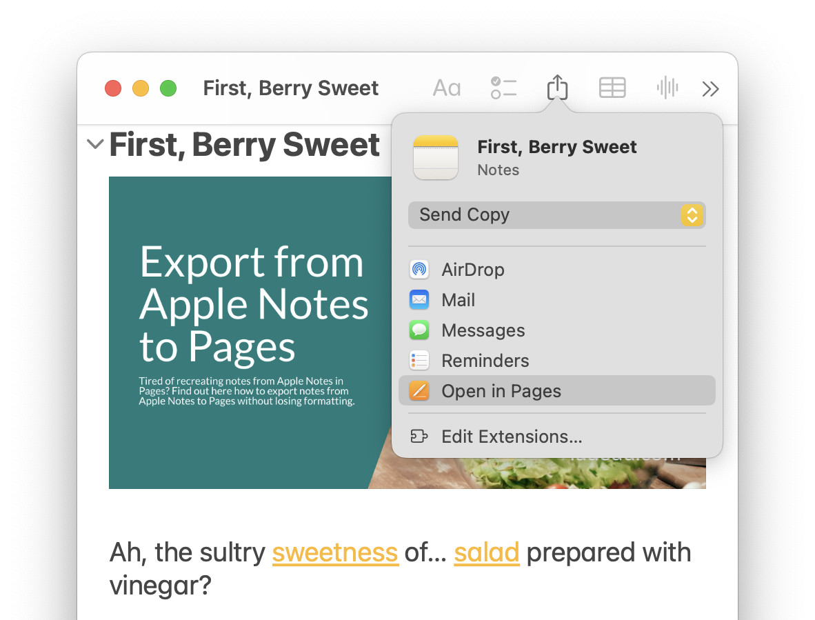 Using the sharing menu to export a note from Apple Notes to Pages on a Mac
