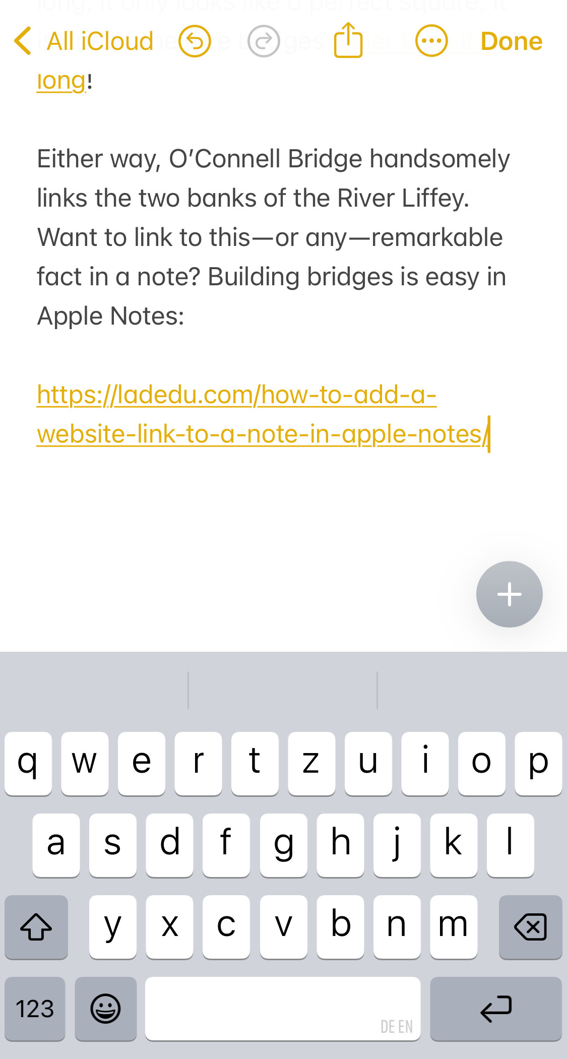 A plain link in Apple Notes for iPhone