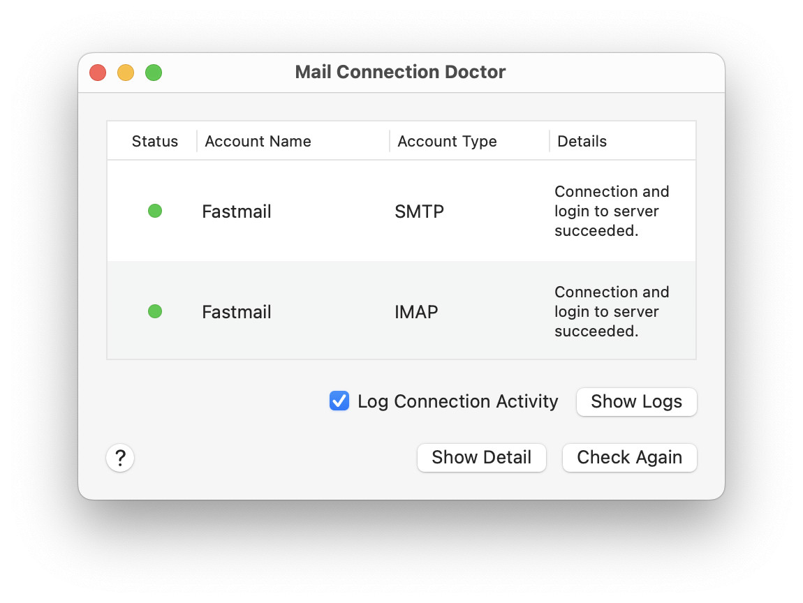 Check “Log Connection Activity” to create a logfile of IMAP and SMTP email traffic in Apple Mail for Mac