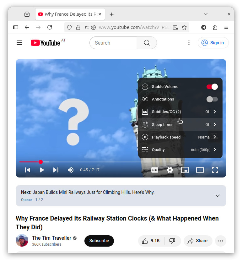 Click the “Settings” gear icon in YouTube to access sleep timer options