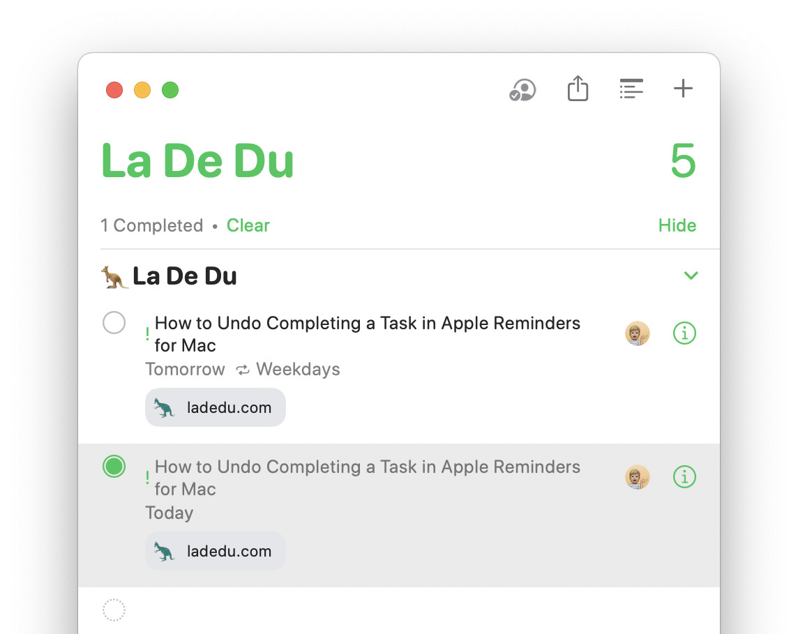 Click the completion circle to mark a completed task undone in Apple Reminders for Mac