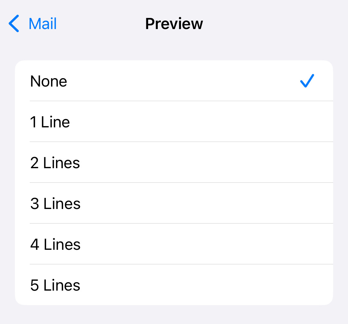 Disabling email body preview for Apple Mail message lisis on iPhone