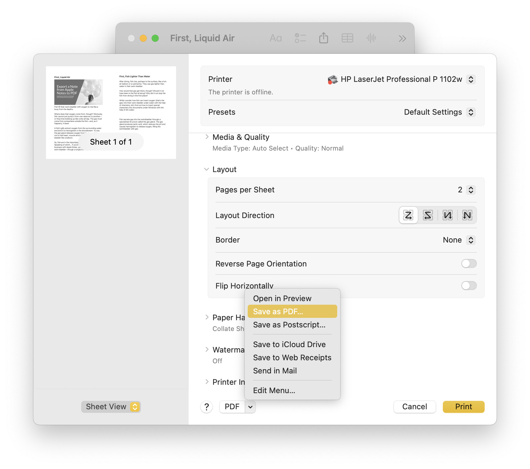 Exporting a note to PDF choosing layout settings in Notes for Mac