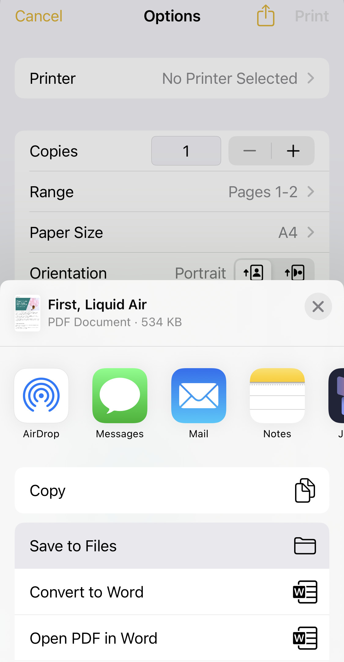 Exporting a note to PDF from the printing sheet in Apple Notes for iPhone