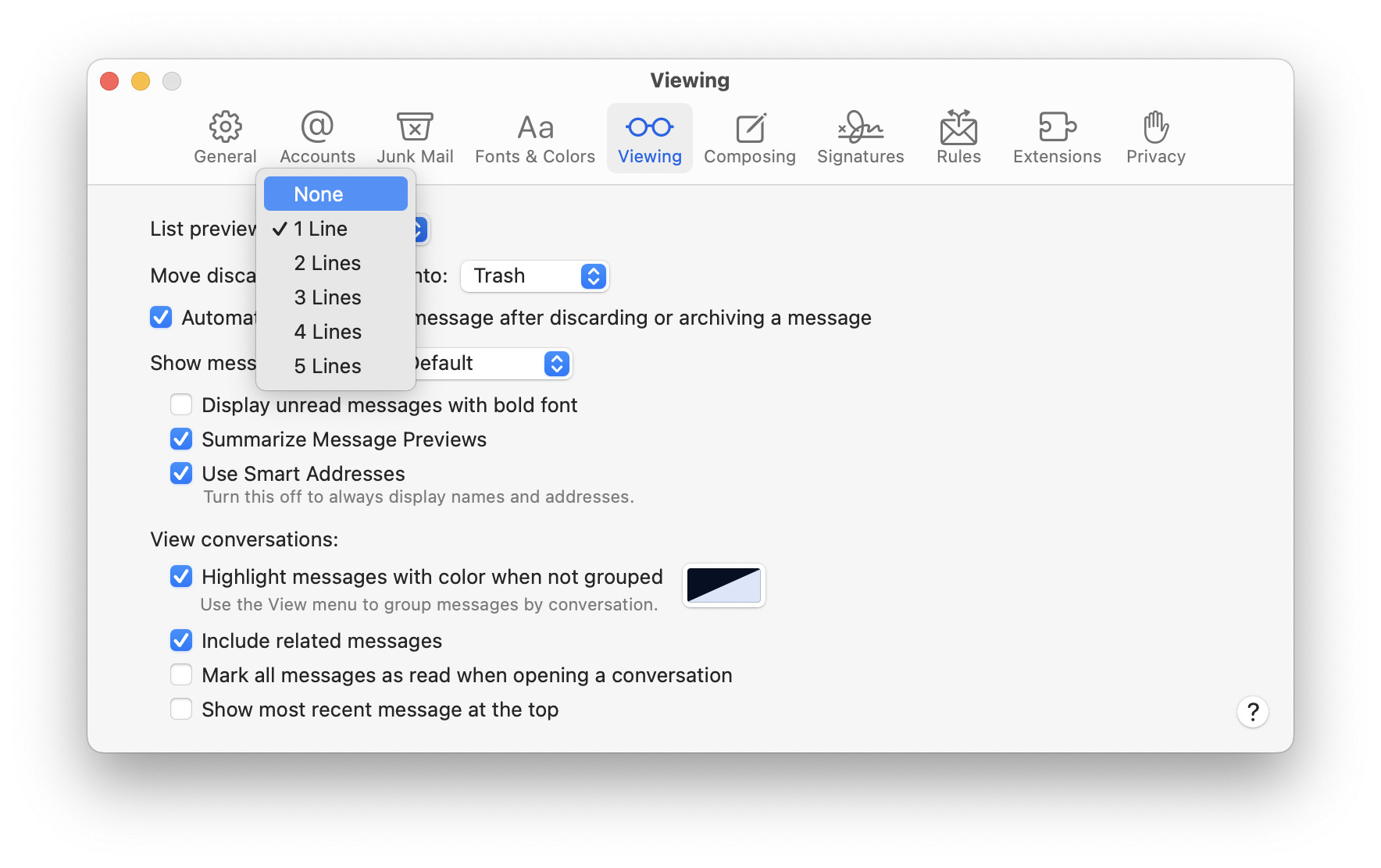 Select “None” for “List preview:” to turn off email preview lines in message lists for Mac Mail