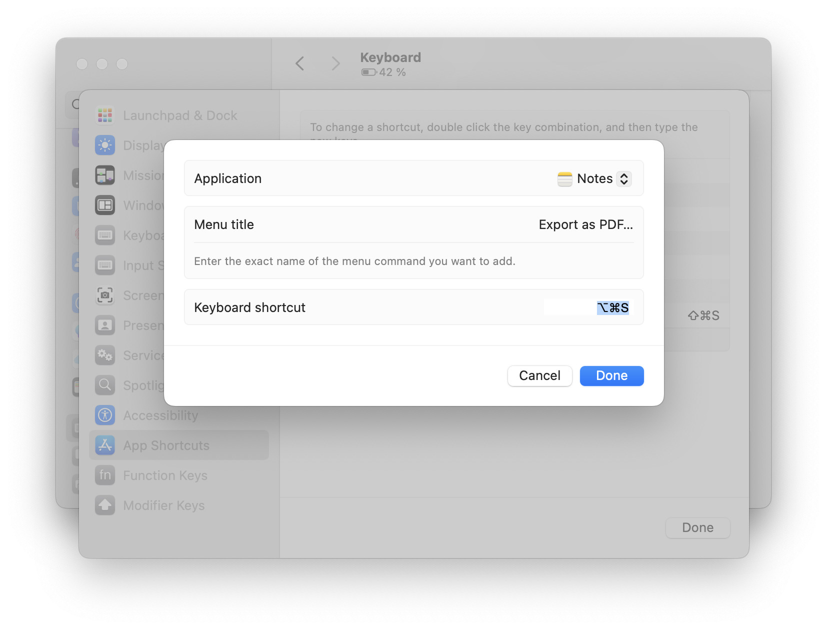 Setting up a keyboard shortcut for exporting to PDF in Notes for macOS