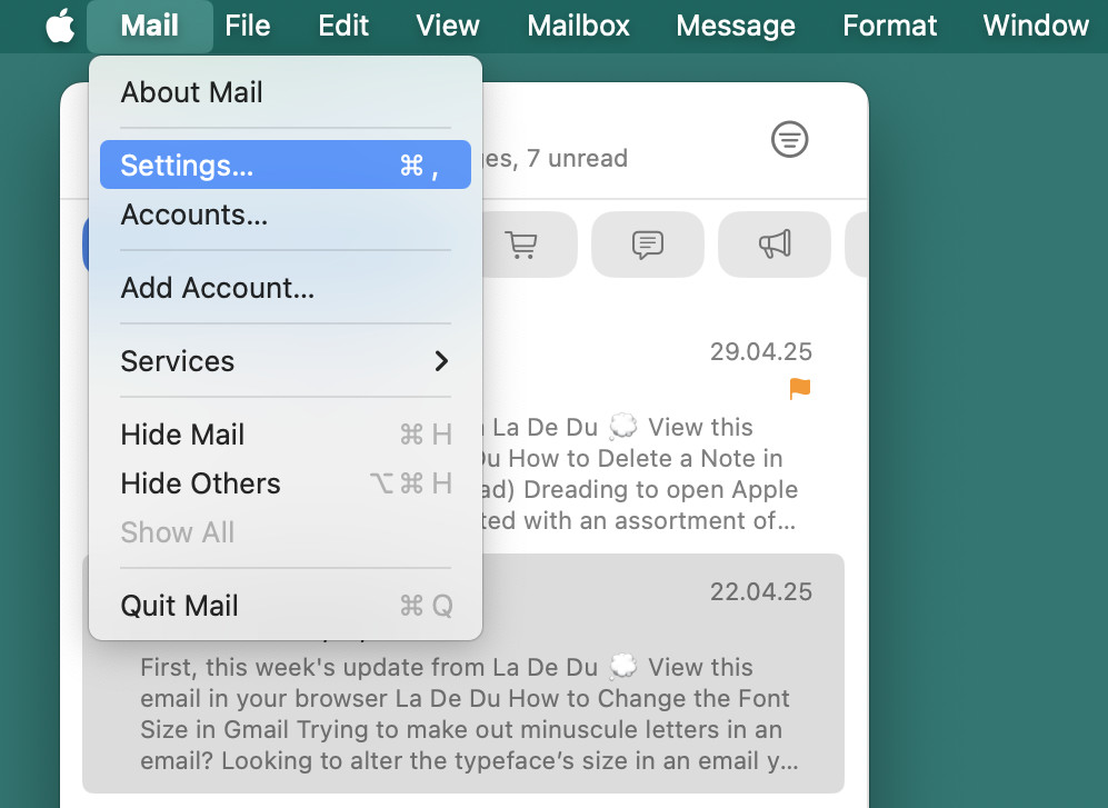 Start with opening settings to remove preview lines from emails inside message lists in Apple Mail for Mac