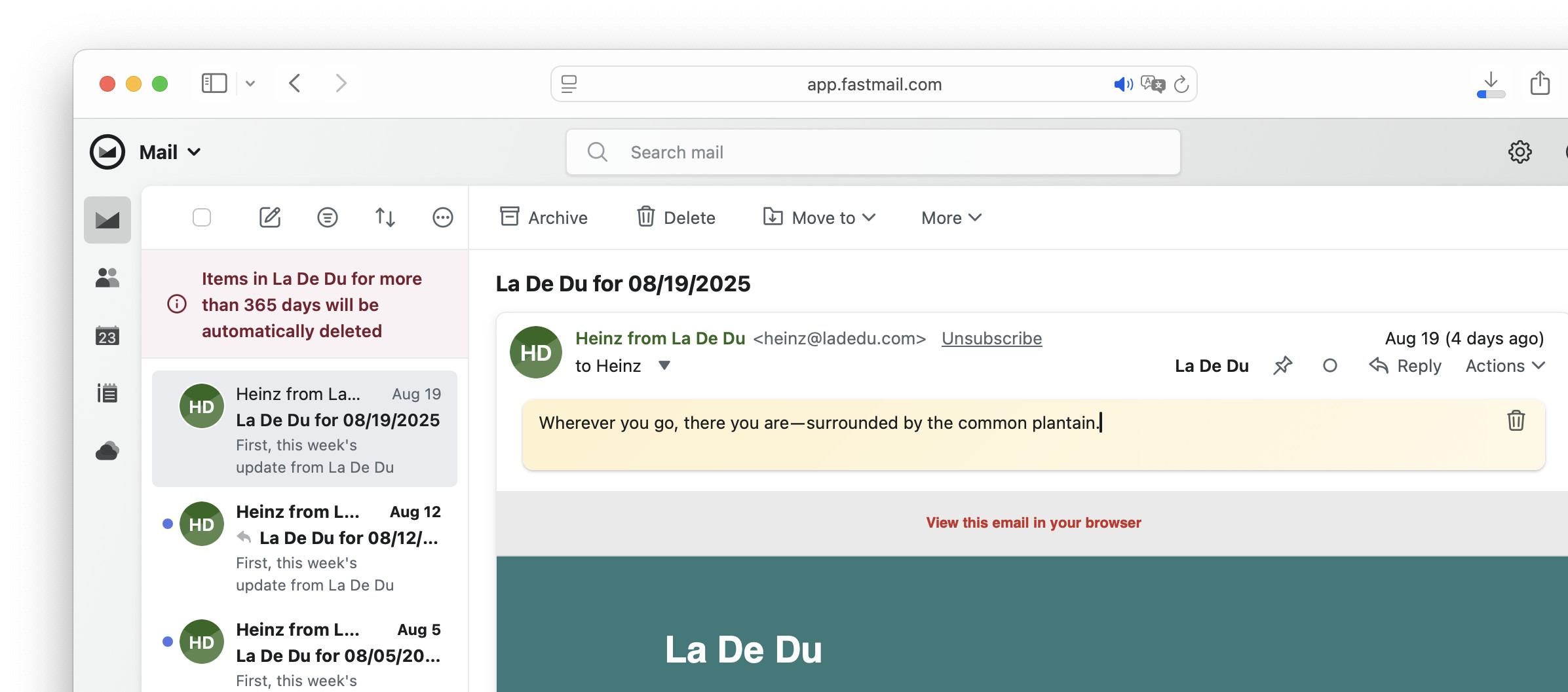 Adding a note to an email in Fastmail