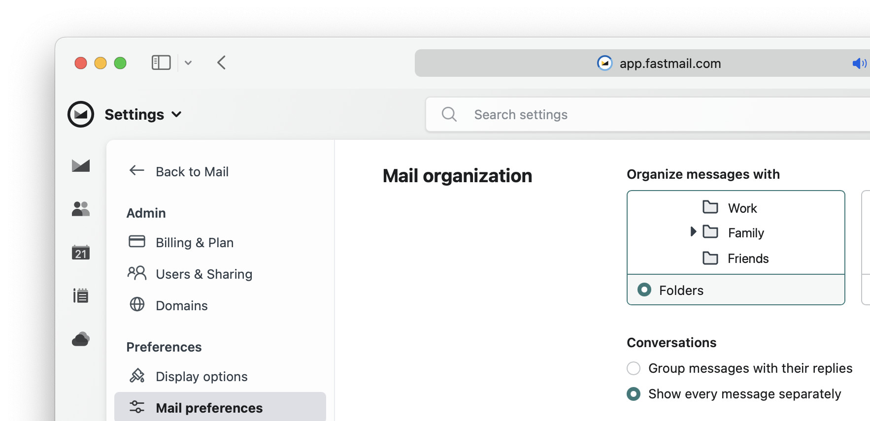 Choose “Show every message separately” to disable conversation grouping in Fastmail