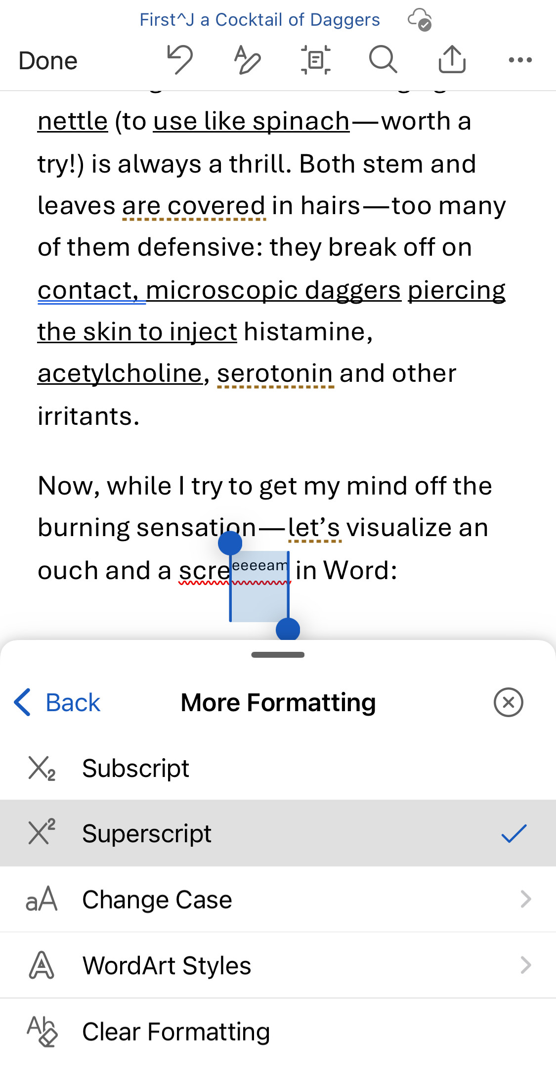 Select “Superscript” for raised characters in MS Word for iOS