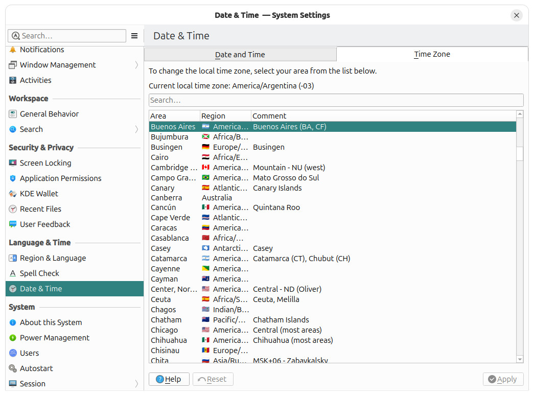 Setting the time zone using KDE System Settings