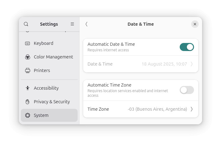 Turn off “Automatic Time Zone” and click “Time Zone” to change the time zone for Gnome Linux