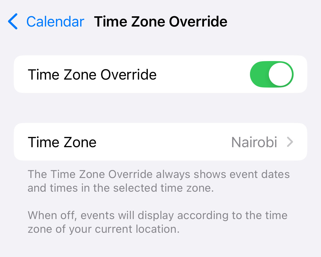 Using a specific time zone for Apple Calendar on iPhone