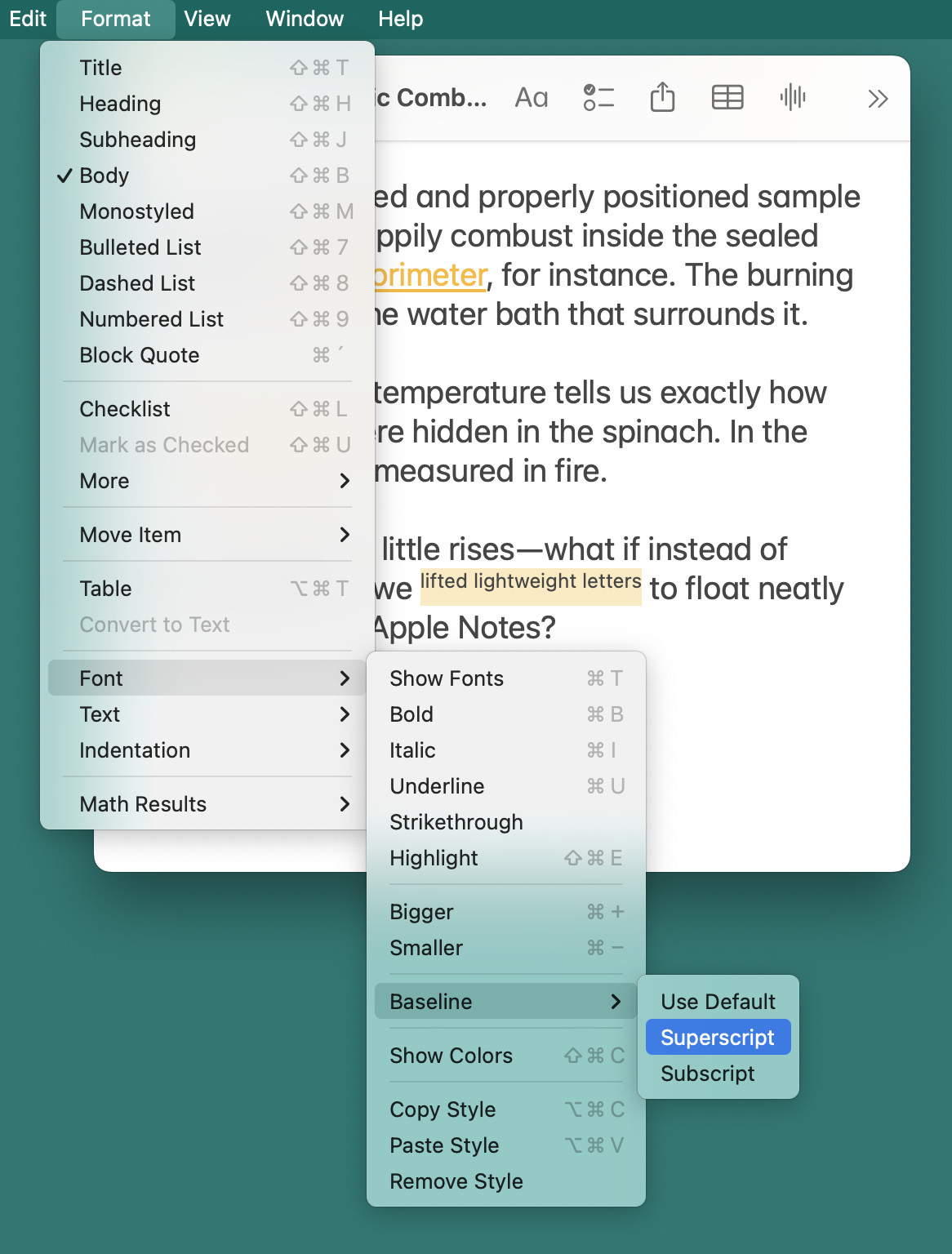 Applying superscript formatting in Apple Notes for Mac