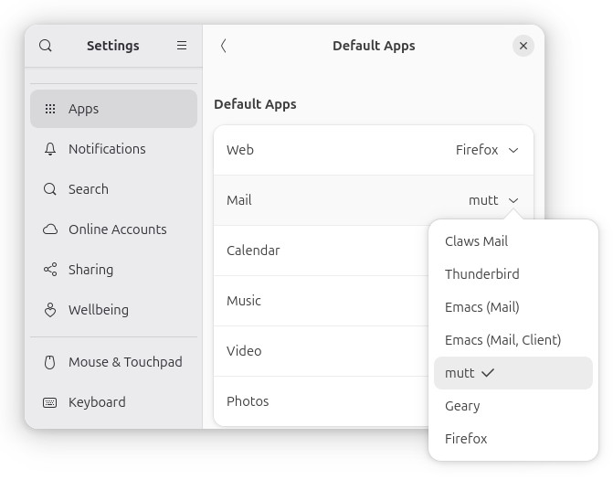 Changing the default email client on Linux using Gnome Settings