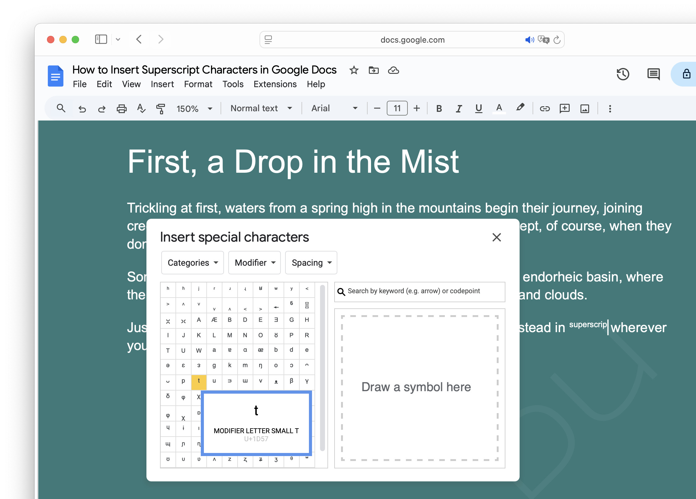 Inserting superscript Unicode characters in Google Docs